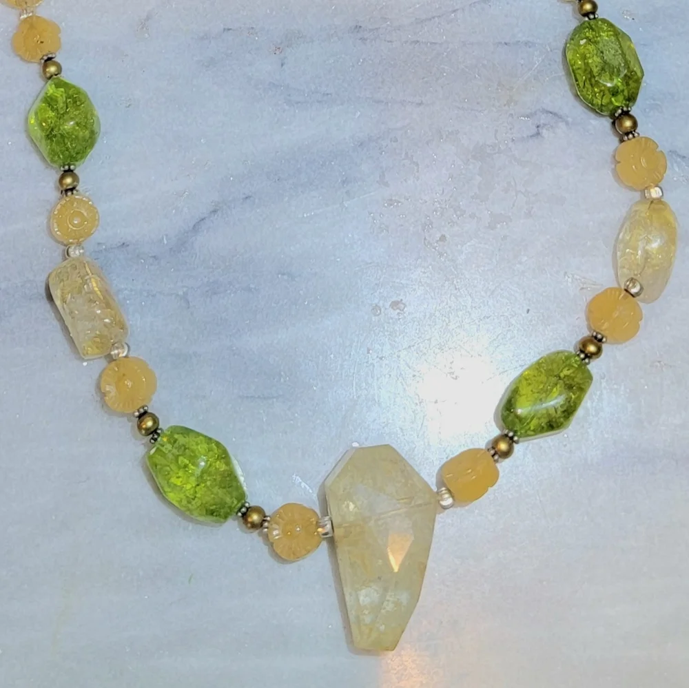 Chunky Citrine Peridot Pearl Adventurine Sterling 925 Necklace 34" - Picture 3 of 8